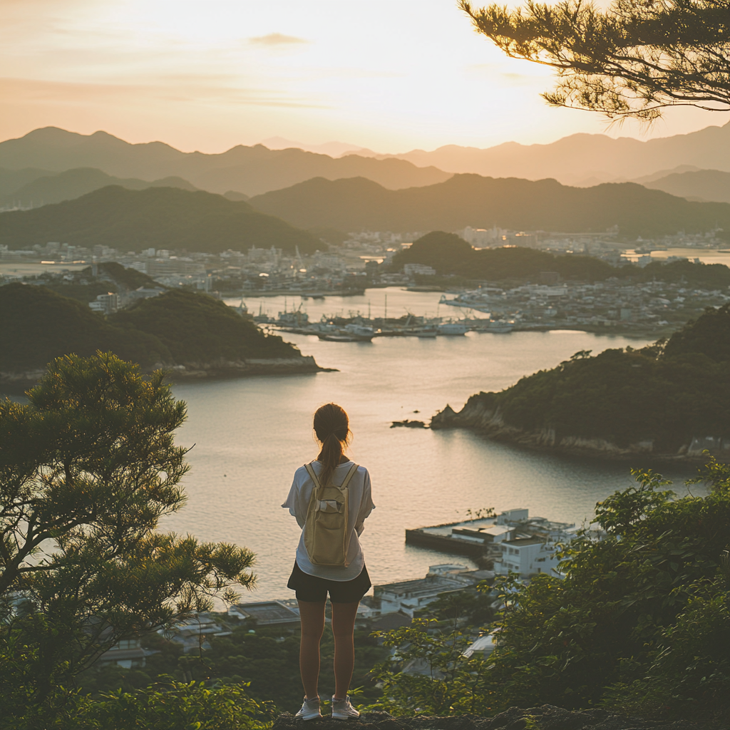 夕陽の海を眺める旅人